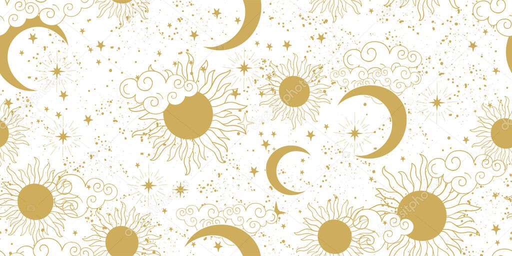 Seamless golden space pattern with sun, crescent, planets and stars on a white background. Mystical ornament of the mystical sky for wallpaper, fabric, astrology, fortune telling. Vector illustration.
