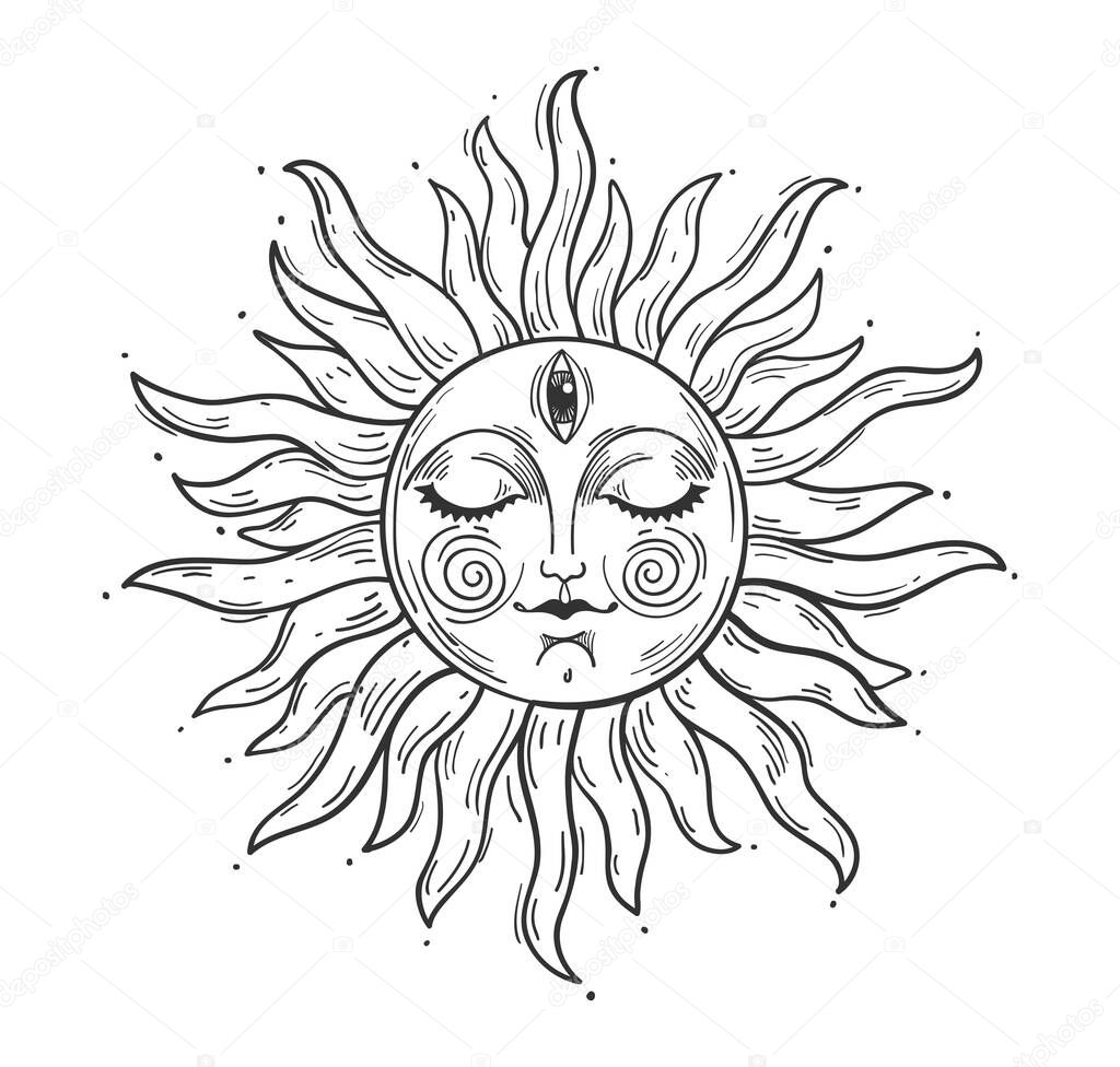 Vintage style illustration, sun with a face, stylized drawing, engraving. Mystical element for design in boho style, logo, tattoo. Vector illustration isolated on white.