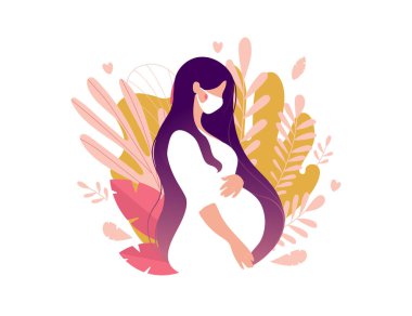 Tıbbi maskeli hamile bir kadın. Coronavirüs salgını sırasında hamilelik ve annelik konsepti. Düz vektör çizimi beyaz arkaplanda izole edildi.