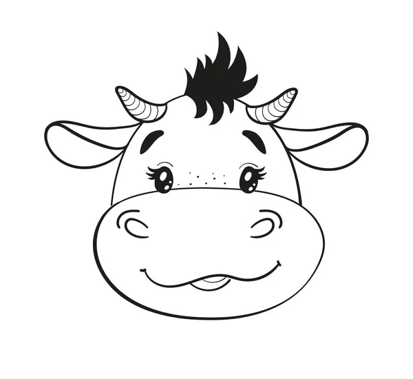 Cute cartoon baby bull, line drawing. Bull cub head, symbol of 2021, clip-art with animal on white background. Stock vector illustration. Happy New Year 2021 of the Ox, Taurus. Coloring book for — Stock Vector