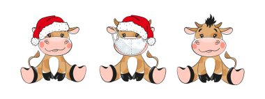 Sembol 2021, Noel Baba şapkalı ve tıbbi maskeli boğa, bir dizi çizgi film karakteri. Taurus öküzünün Çin Yeni Yılı. Vektör illüstrasyonu beyaz arkaplanda izole edildi