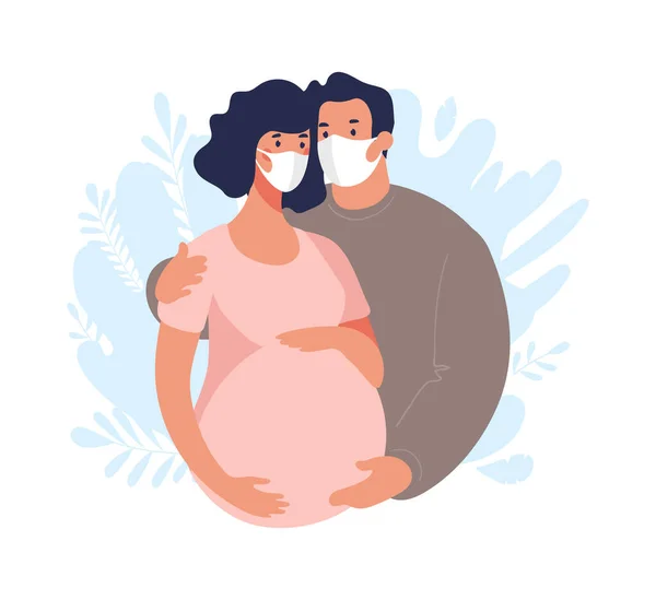 Femme Enceinte Avec Son Mari Portant Des Masques Médicaux Concept — Image vectorielle