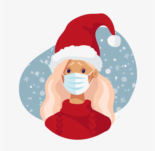 Ragazza Carina Con Cappello Babbo Natale Maschera Medica Capodanno Natale — Vettoriale Stock