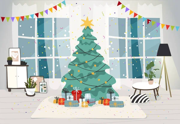 Living Room Interior Decorated Christmas Holiday Christmas Tree Gifts House — Stock Vector