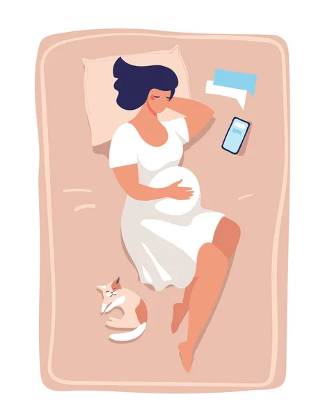 妊娠中の若い女性がベッドの上で寝ている 妊娠出産 健康とリラクゼーションに関するイラスト 白い背景に隔離されたフラットベクトルイラスト — ストックベクタ