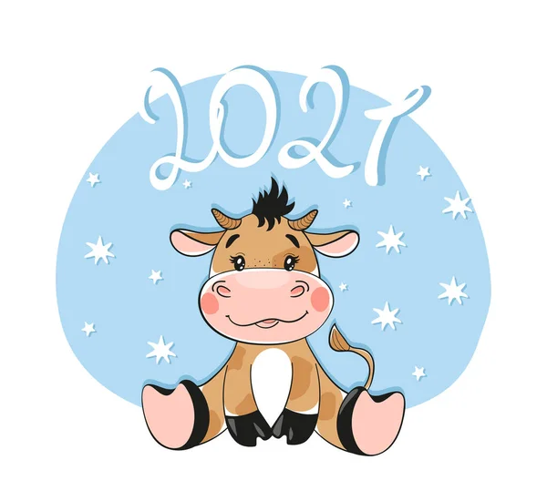 New Year Christmas 2021 Card Bull Flat Cartoon Design Vector — Stock Vector