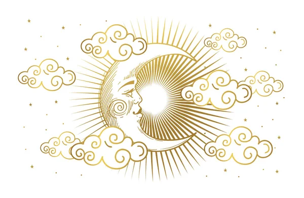 占星術のための魔法のバナー タロット Bohoデザイン 白い隔離された背景に顔と雲と三日月 エソテリックベクトル図パターン — ストックベクタ