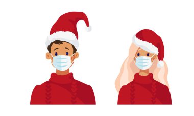 2021 Coronavirus salgını sırasında Noel şapkaları ve tıbbi maskeler takan tatlı kız ve erkek. Çizgi film düz vektör çizimi beyaz arkaplanda izole edildi
