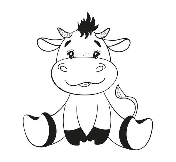 Cute Cartoon Bull Line Drawing Clip Art Animal White Background — Stock Vector
