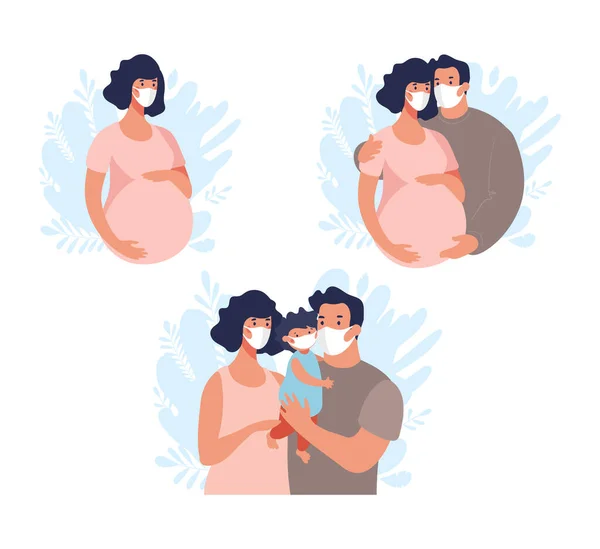 一个有孩子的家庭 一个孕妇 戴着口罩的人 保护自己不受考拉病毒的传播 在白色背景下孤立的矢量平面卡通人物 — 图库矢量图片