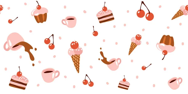 Motif sans couture avec des bonbons, crème glacée, tasse avec café, gâteau sur un fond blanc. Modèle de fête pour anniversaire, boulangerie, vacances d'enfants. Illustration vectorielle dessin animé mignon. — Image vectorielle