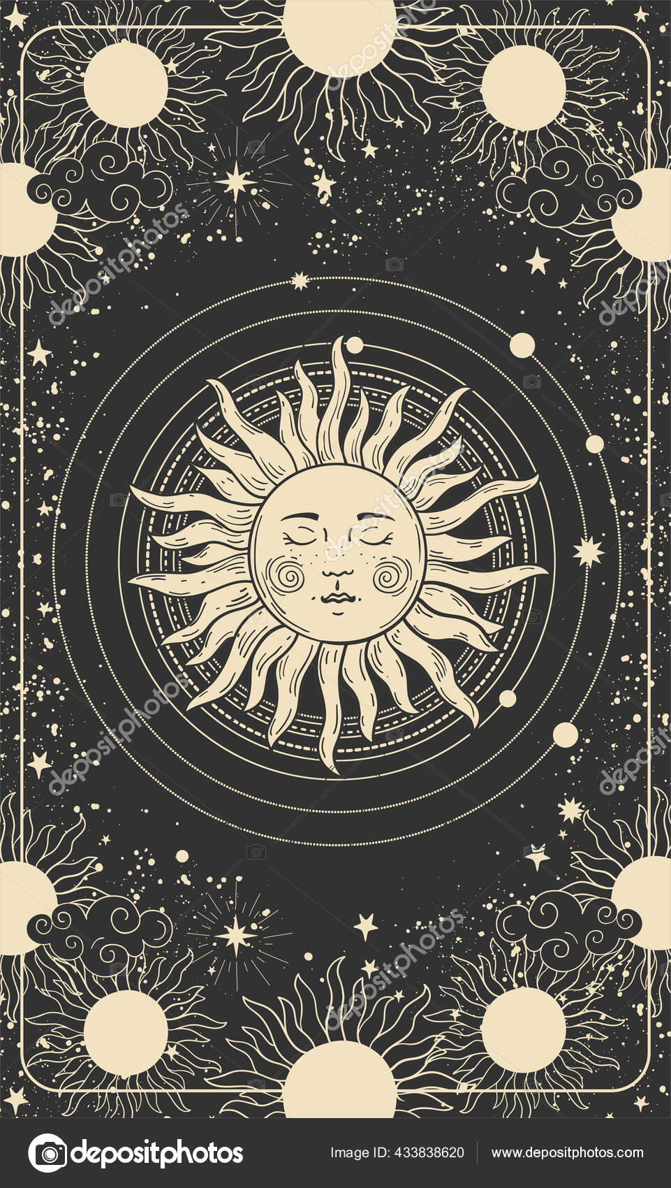 Mystical drawing of the sun with a face, tarot cards, boho illustration,  magic card. Golden sun with closed eyes on a black background with stars,  planets, space. Vector hand drawing. Stock Vector