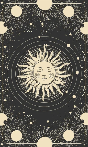 Mystical drawing of the sun with a face, tarot cards, boho illustration, magic card. Golden sun with closed eyes on a black background with stars, planets, space. Vector hand drawing. — стоковый вектор