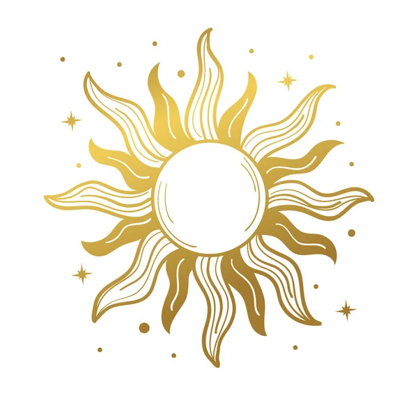 Slunce, zlaté mystické logo, retro design. Vektorové kresby pro tetování, boho design, astrologii, horoskop. Doodle ilustrace izolované na bílém pozadí. — Stockový vektor
