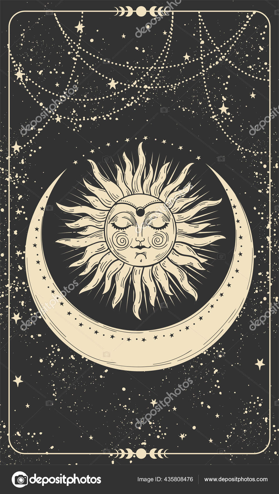 Mystical Drawing Of The Sun With A Face And A Crescent Moon Tarot Cards Boho Illustration