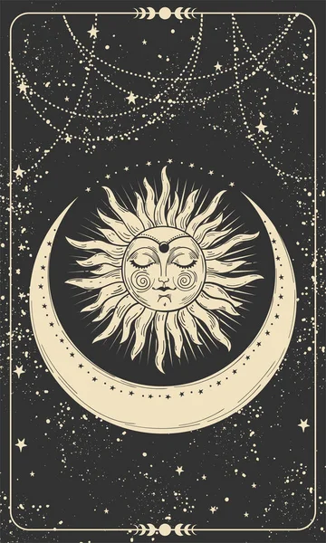 Disegno mistico del sole con una faccia e una luna crescente, carte dei tarocchi, illustrazione boho, carta magica. Sole dorato a occhi chiusi su sfondo nero con stelle, pianeti, spazio, luna. Mano vettoriale — Vettoriale Stock