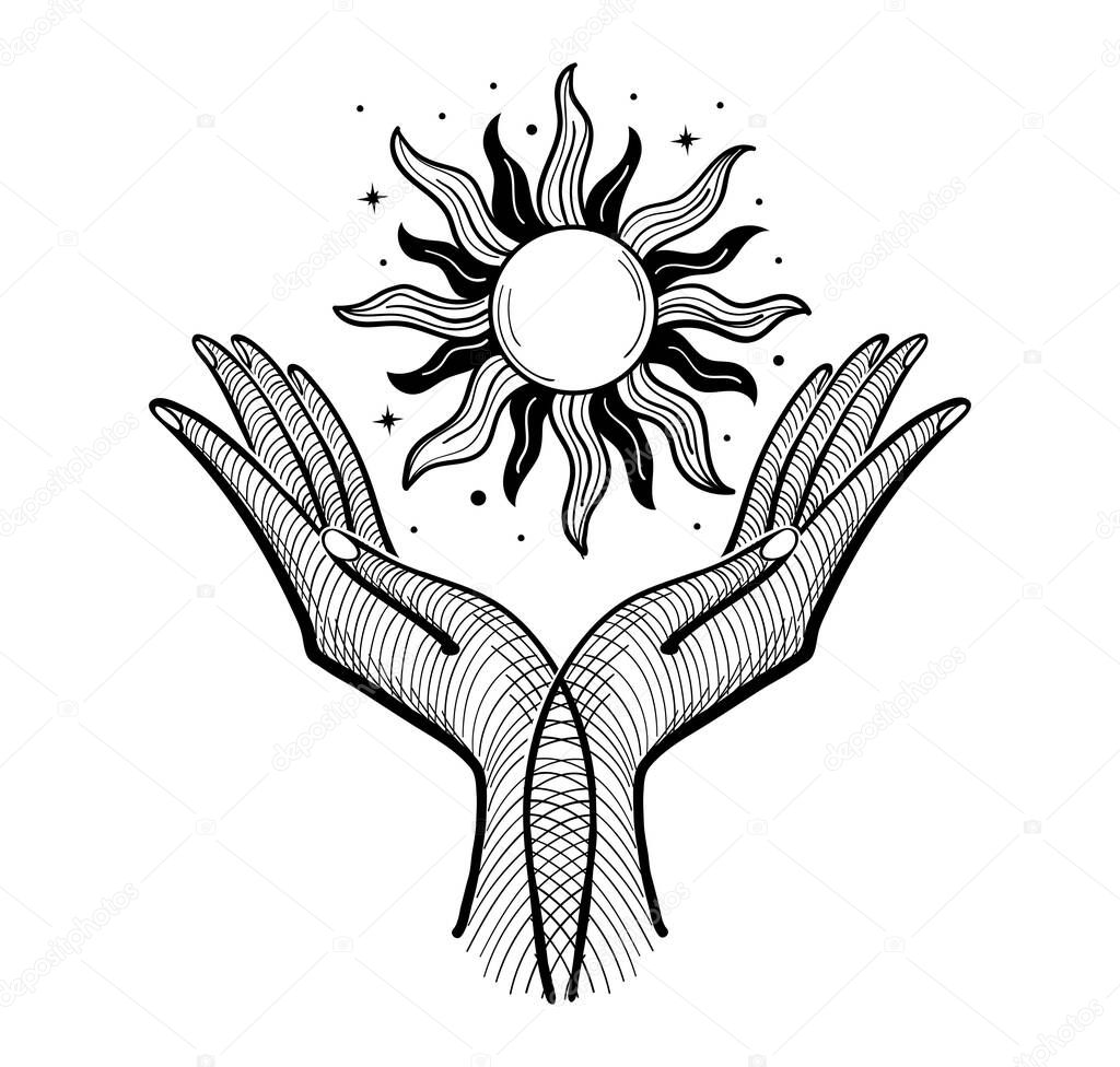Magic symbol with two palms and sun, magic boho style design, tattoo, engraving. Linear drawing for astrology, palmistry, divination, sketch, isolated on a white background.