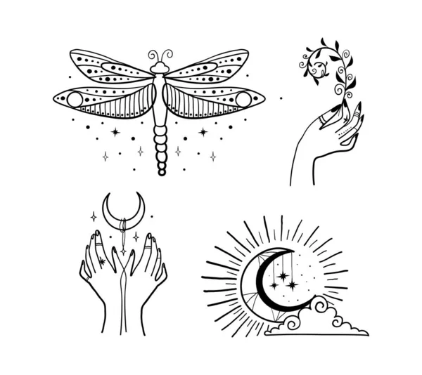 Set of beautiful black mystical elements in boho style, dragonfly, crescent, female hands. Elements for design of tarot, tattoo, sticker. Magical and astrological objects. Linear vector illustration — Stock Vector