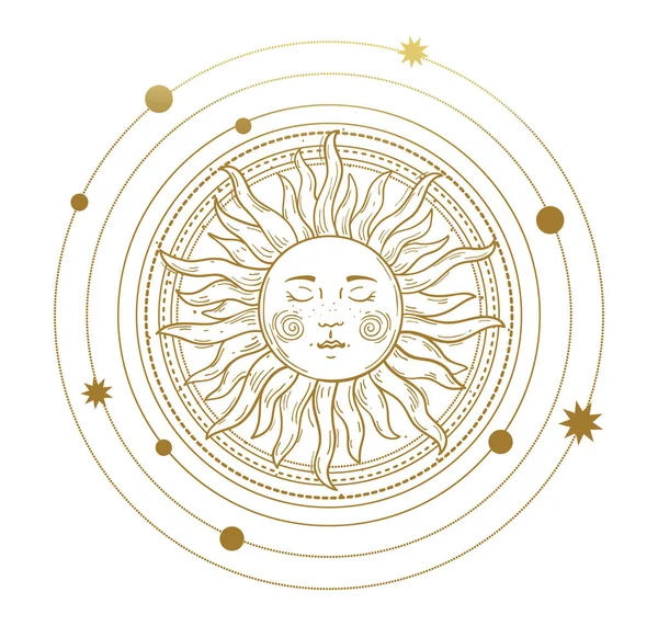 Vector illustration in vintage mystic style, boho design, tattoo, tarot. The device of the universe, the sun with a face, orbits with stars. Line drawing Isolated on a white background. — Stock Vector