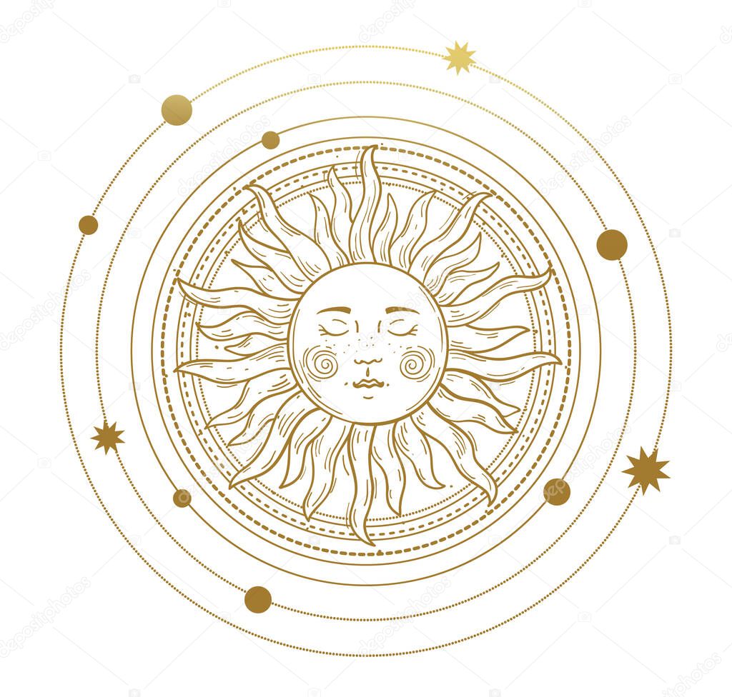 Vector illustration in vintage mystic style, boho design, tattoo, tarot. The device of the universe, the sun with a face, orbits with stars. Line drawing Isolated on a white background.