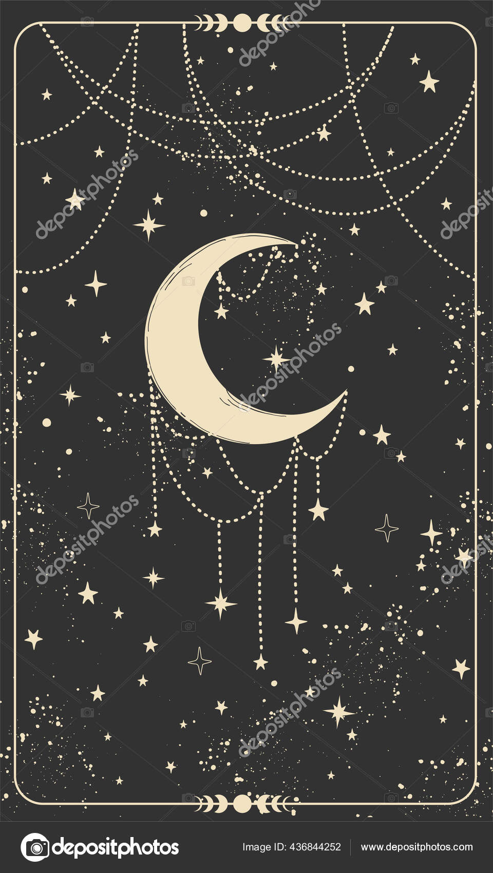 有新月形月亮和星星的塔罗牌。魔卡，boho风格的设计，纹身，雕刻，为巫婆遮掩。金色的神秘手绘在黑色背景上. 图库矢量图©Antusenok  436844252, image size:960x1700