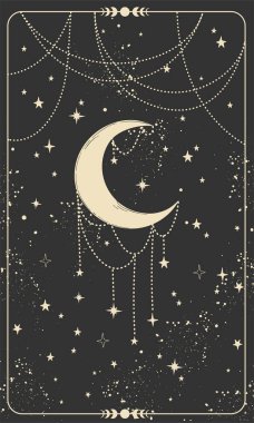 Hilal ay ve yıldızlı tarot kartı. Sihirli kart, boho stili tasarım, dövme, gravür, cadıları koruma. Siyah bir arkaplanda altın mistik el çizimi.