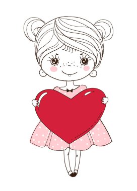 Şirin küçük kız kocaman kırmızı bir kalp tutuyor. Düğün için karalama çizimi, Sevgililer Günü. Romantik tebrik kartı, çizim, doğrusal el çizimi. Vektör illüstrasyonu beyaz arkaplanda izole edildi.