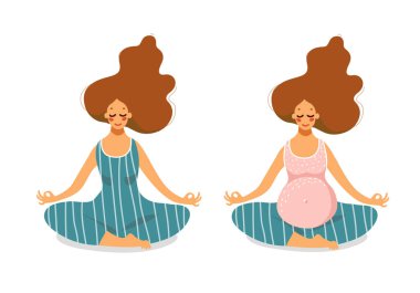 Hamilelikten önce ve hamilelik sırasında yoga yapan bir grup hamile kız. Lotus pozisyonunda bir kadın halının üzerinde oturuyor. Hamilelik boyunca sağlık, spor ve iç huzuru. Düz vektör illüstrasyonu.