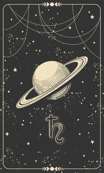 Astrologische Karte mit Planet Saturn und kosmischem schwarzen Hintergrund mit Sternen, handgezeichnete Weissagungsillustration, Vintage-Design. Vektorpostkarte mit astrologischem Symbol. — Stockvektor