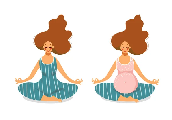 Set di ragazza incinta carina che fa yoga prima e durante la gravidanza. Una donna è seduta su un tappeto nella posizione del loto. Salute, sport e tranquillità durante la gravidanza. Illustrazione vettoriale piatto. — Vettoriale Stock
