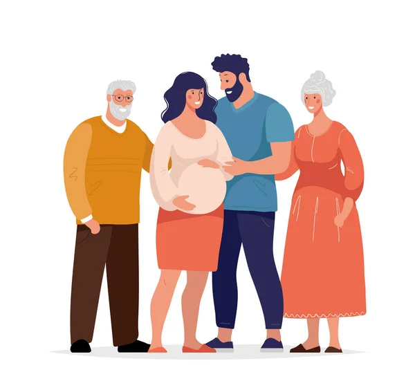 Velká šťastná rodina, několik generací, prarodiče, těhotná žena s manželem. Ploché vektorové ilustrace izolované na bílém pozadí. — Stockový vektor