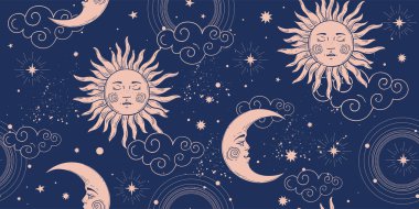 Güneş ve hilal şeklinde kusursuz kozmik desen astroloji ve tarot için klasik arka plan. Mavi arka planda yüzü ve yıldızları olan güneş. Vektör illüstrasyonu
