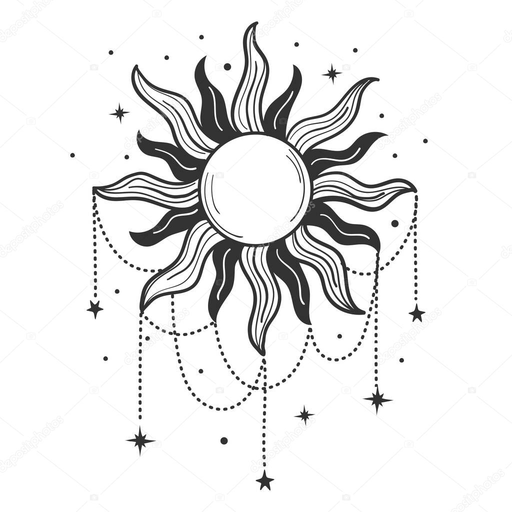 Modern symbol of the sun with jewelry, stylized drawing, engraving. Vintage mystical design in boho style, logo, tattoo. Vector illustration isolated on white
