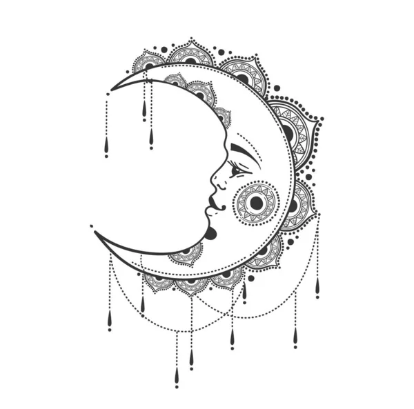 Hermosa Luna Creciente Con Cara Joyas Adornos Mandala Diseño Boho — Vector de stock