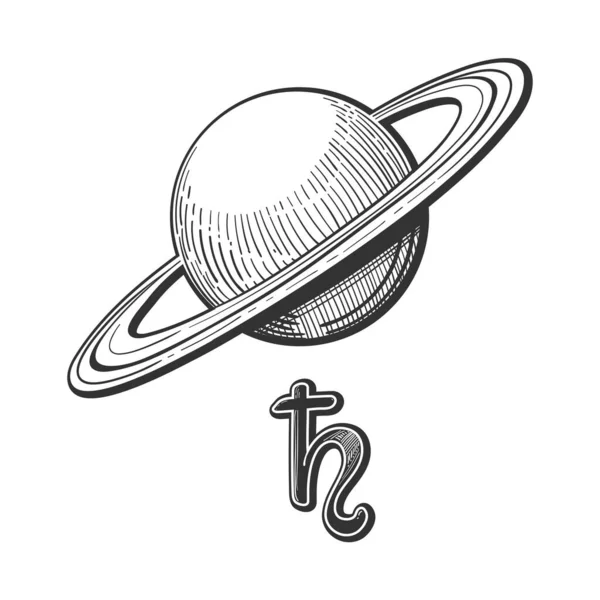 Planeta Saturno Con Anillos Con Signo Astrológico Dibujo Lineal Mano — Vector de stock