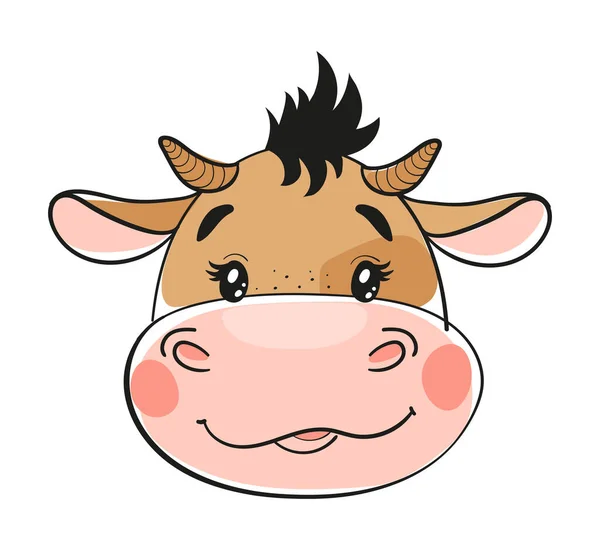 Bull Head Horns Flat Cartoon Design Cute Baby Cow Farm — Stock Vector