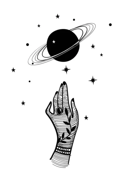 女性の手とリングを持つ惑星と神秘的なイラスト ヴィンテージデザインの土星とヤシ 白い背景に隔離されたベクトル手描きのイラスト ほうぼうタトゥー — ストックベクタ
