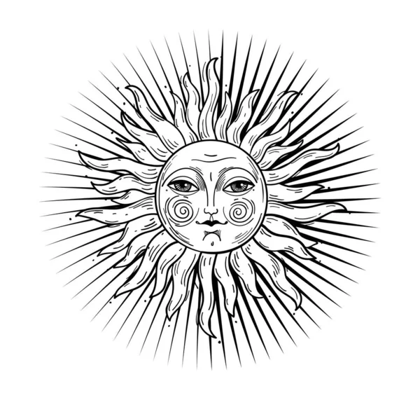 Ilustración Del Cielo Diseño Vintage Estilizado Sol Con Cara Dibujo — Archivo Imágenes Vectoriales