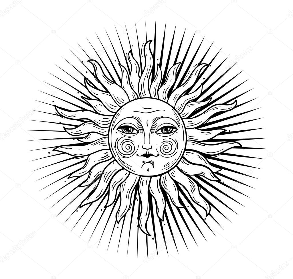 Heaven illustration, stylized vintage design, sun with face, stylized drawing, engraving. Mystical design element in boho style, logo, tattoo. Vector illustration isolated on white background