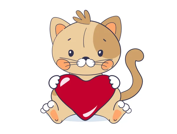 A sweet kitten sits and holds a big red heart. Cute pet for Valentine s Day. Vector illustration for a baby shower on a white background, flat cartoon design. — Stock Vector