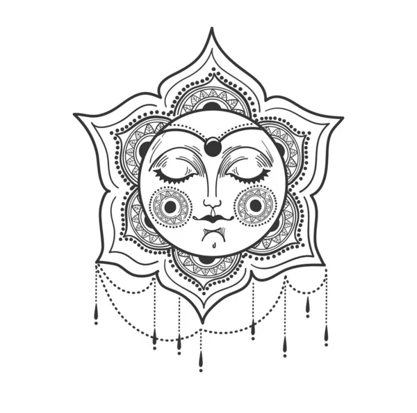 Hermoso sol con cara femenina, joyas y adornos de mandala, diseño bohemio, tatuaje. Dibujo lineal a mano aislado sobre fondo blanco, ilustración vectorial. — Archivo Imágenes Vectoriales