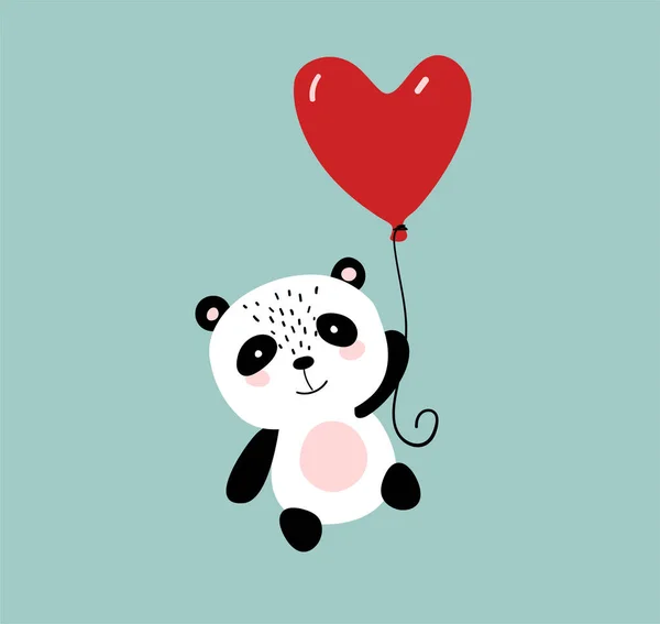 Simpatico panda che vola su un palloncino a forma di cuore, semplice illustrazione a cartoni animati piatti per compleanno, baby shower, giorno di San Valentino. Vettore. — Vettoriale Stock