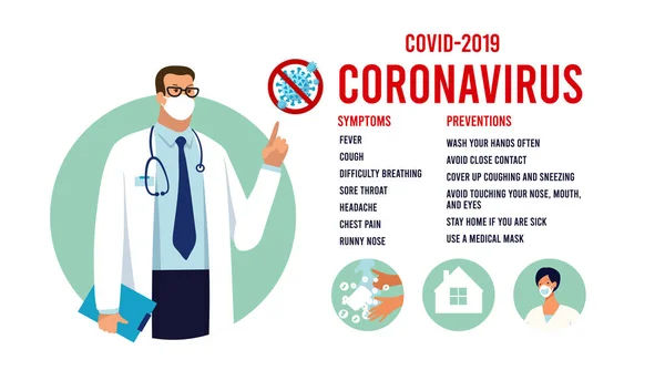 Hastalık belirtileri ve koronavirüs için önlemler. Doktorla 2019-NCoV Infographics. Düz vektör çizimi beyaz arkaplanda izole edildi. — Stok Vektör
