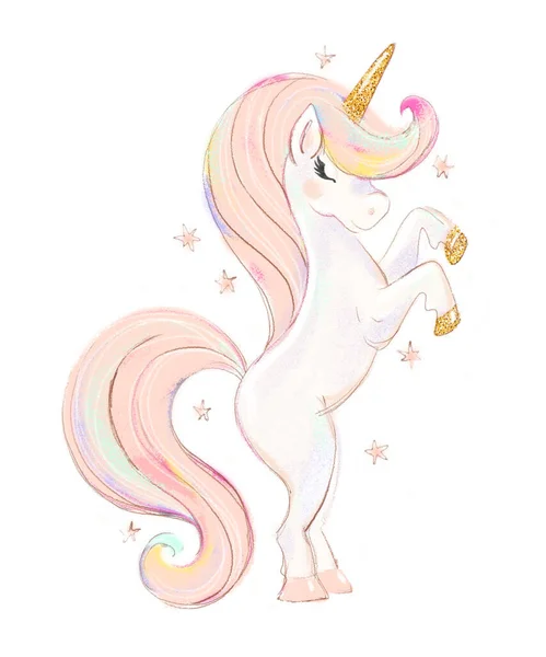 Beautiful pink unicorn with a golden horn and hooves, drawing with watercolor pencils or pastels. Baby girl postcard, birthday, party invitation, baby shower, nursery poster. The illustration is