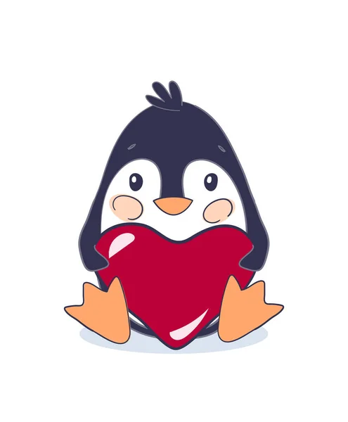 Der romantische Pinguin sitzt und hält ein großes rotes Herz. Niedliches Tier zum Valentinstag. Vektor-Illustration für eine Babydusche auf weißem Hintergrund, flaches Cartoon-Design. — Stockvektor