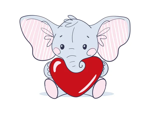 Cute sitting baby elephant with big ears holding a red heart. Flat cartoon character, toy or doll. Valentine s Day. Vector illustration isolated on white background. — Stock Vector