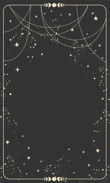 Vintage hemelse mystieke achtergrond voor astrologie, waarzeggerij, tarot. Zwarte ansichtkaart met een frame in een boheems design, sterren en sieraden, kopieerruimte. Magische vector illustratie. — Stockvector