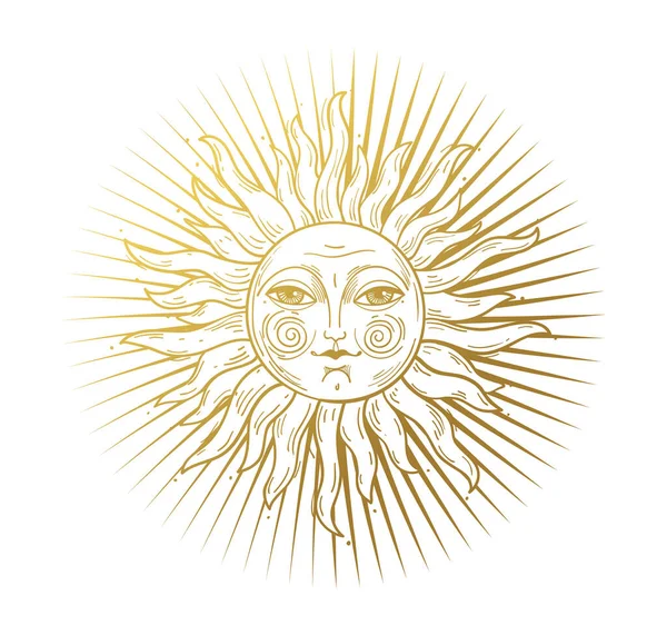 Εικόνα του ουρανού, στυλιζαρισμένο vintage σχέδιο, ήλιος με το πρόσωπο, σχέδιο χεριών, χάραξη. Μυστικό στοιχείο σχεδιασμού σε boho στυλ, λογότυπο, τατουάζ. Εικονογράφηση διανύσματος απομονωμένη σε λευκό φόντο. — Διανυσματικό Αρχείο