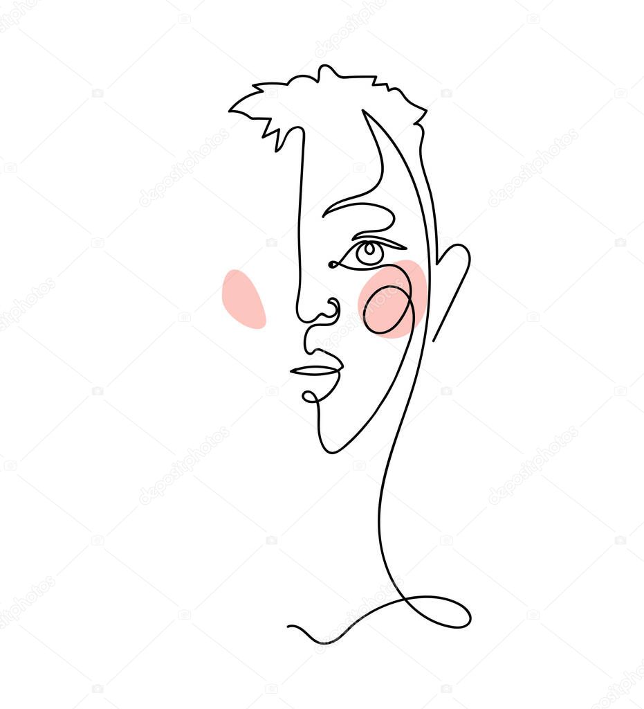 Abstract linear female portrait with short haircut. Modern hand drawing, female face, continuous line, minimal design for logo, beauty salon, barber shop. Vector illustration isolated on white