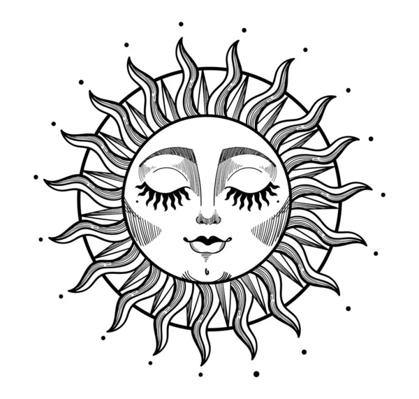 Ilustração boêmia, design vintage estilizado, sol com rosto e olhos fechados, desenho estilizado. Elemento místico para design, logotipo, tatuagem. Ilustração vetorial isolada sobre fundo branco. —  Vetores de Stock